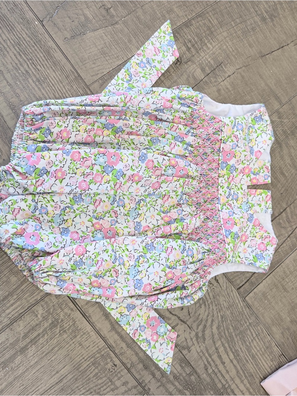 Little English Floral Smocked Baby Bubble Romper - Pink, Blue & Green